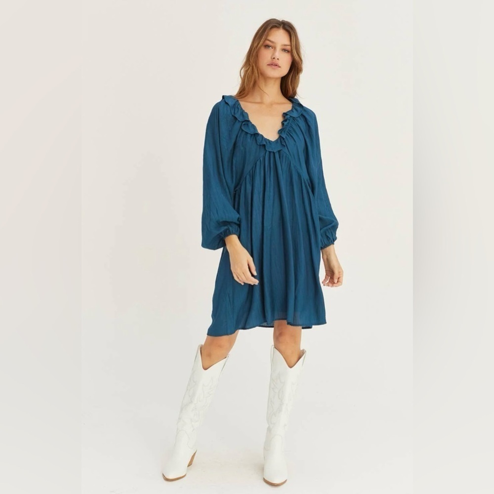 143 - Blue Ruffled Dolman Sleeve Women's Mini Dress